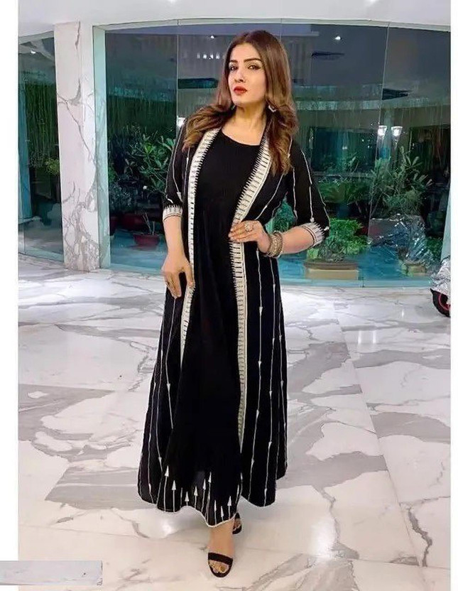 AO services Women Printed Anarkali Kurta(Black)