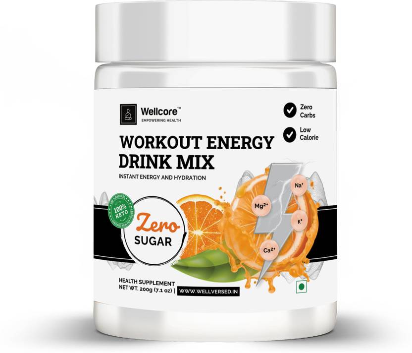 Wellcore Workout Energy Drink Mix Orange Flavor, No Added Sugar, PreWorkout Supplement Energy