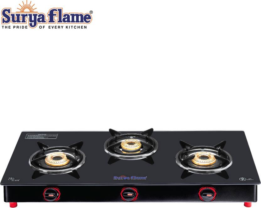 Suryaflame 3 Burners Glass Top Smart Pipeline Gas Stove (PNG