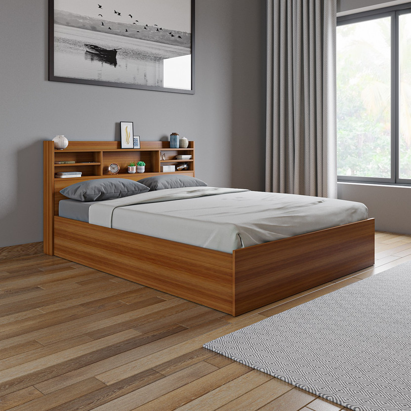 Woodbuzz Engineered Wood Queen Box Bed, 216 cm x 188 cm (7.09 ft x 6.17 ft)(Finish Color - WALNUT, Delivery Condition - Knock Down)