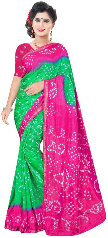green and pink bandhani saree