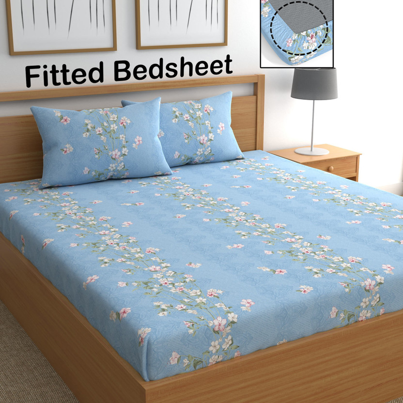 CHHAVI INDIA Microfiber Double Fitted (Elastic) 210 TC Printed 1 Bedsheet with 2 Pillow Covers(Sky Natural)