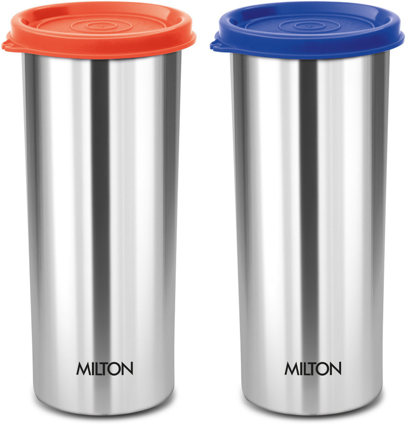 MILTON (Pack of 2) Stainless Steel Tumbler with Lid Set of 2, 530 ml Each (Lid May Vary) Glass Set Water/Juice Glass(530 ml, Steel, Multicolor)