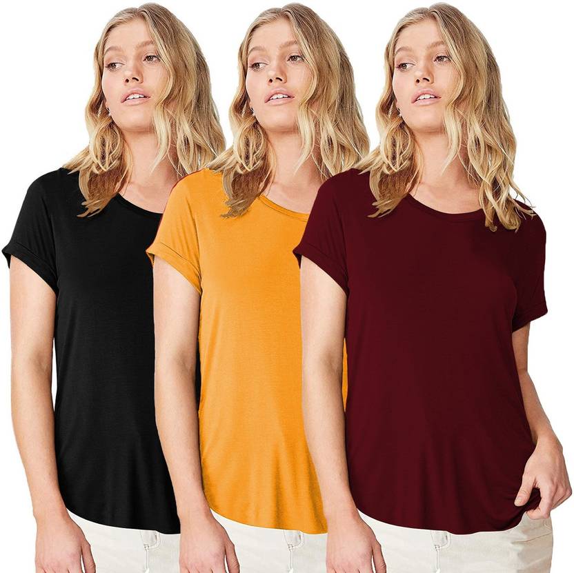 [Size S] THE BLAZZE Pack of 3 Women Solid Round Neck Cotton Blend Maroon, Black, Yellow T-Shirt