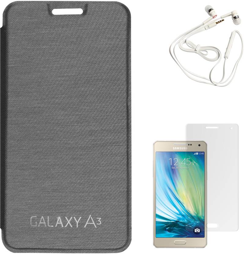 DMG Premium Flip Case For Samsung Galaxy A3 SM-A300 + White Earphones + Matte Screen Accessory