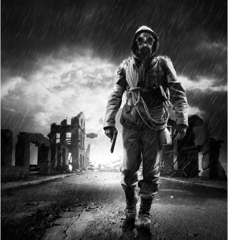 A Lonely Hero Wearing Gas Mask Premium Poster Canvas Art
