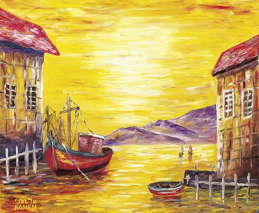 Imfpa Cabins By The River With Boatsframed Canvas Painting Price