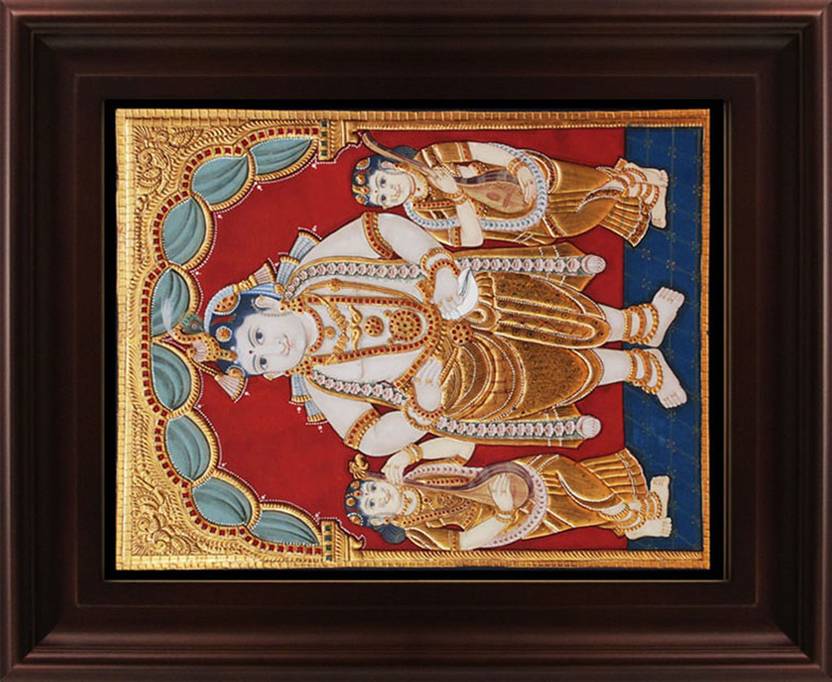 Myangadi Antique Krishna Bama Rukmani Tanjore Canvas Painting Myangadi Antique Krishna Bama Rukmani Tanjore Canvas 18 Inch X 14 Painting