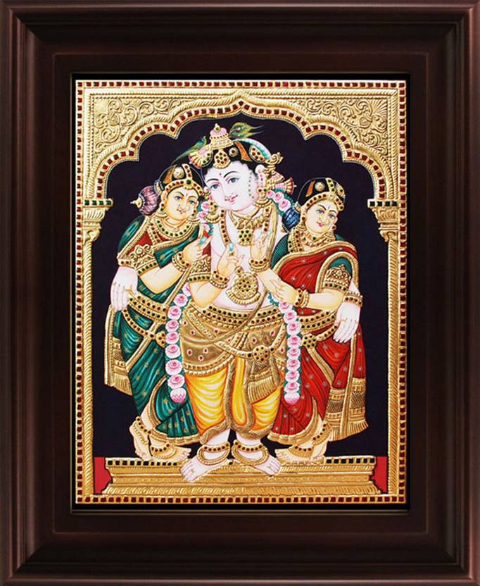 Myangadi Krishna Bama Rukmani Tanjore Canvas Painting In India Myangadi Krishna Bama Rukmani Tanjore Canvas Painting 10 Inch X 8
