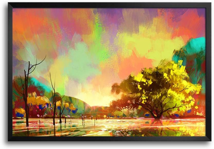 Colorful Crayon Landscape Painting Laminated Framed Paper Print Art
