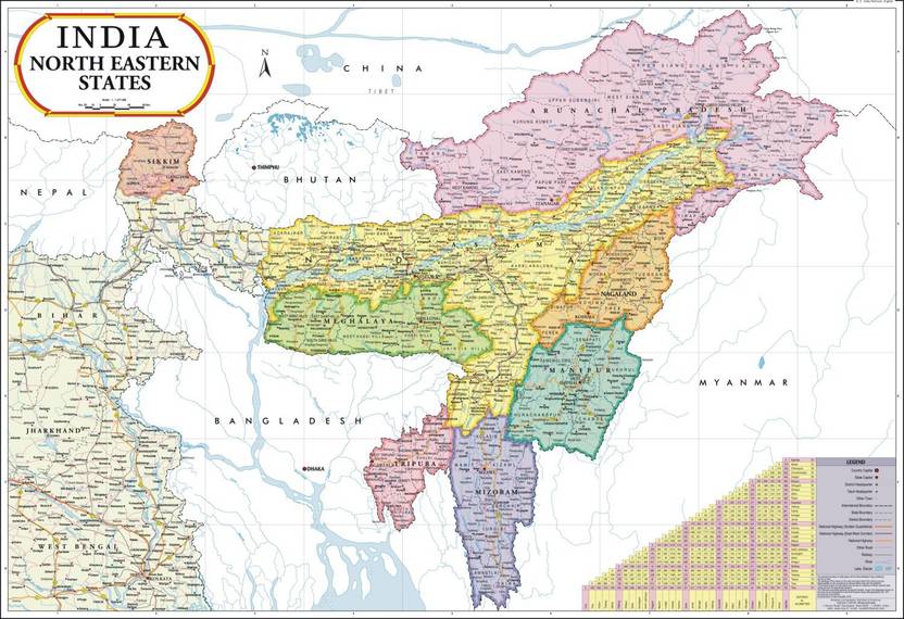 North East India Map : Meghalaya, Manipur, Mizoram, Sikkim, Tripura