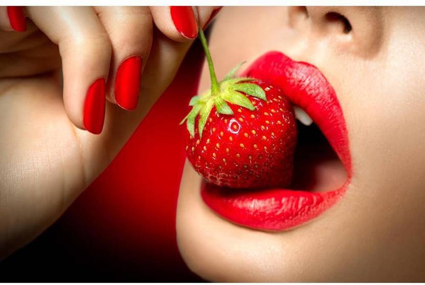 Sexy Woman Eating Strawberry Premium Poster Canvas Art