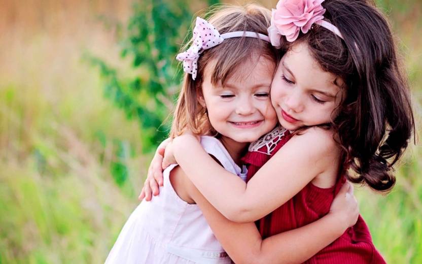 small cute baby girls hug and love poster paper print children