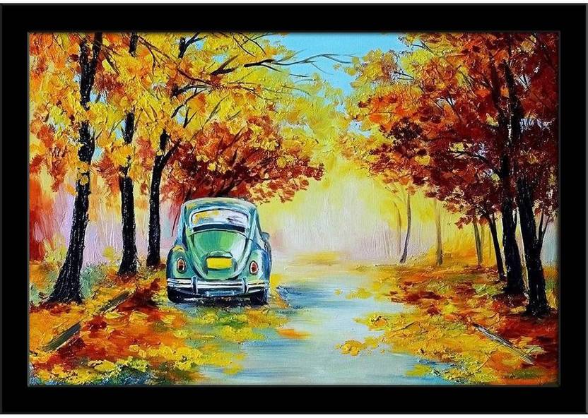 Car In The Colorful Autumn Forest Framed Art Print Paper