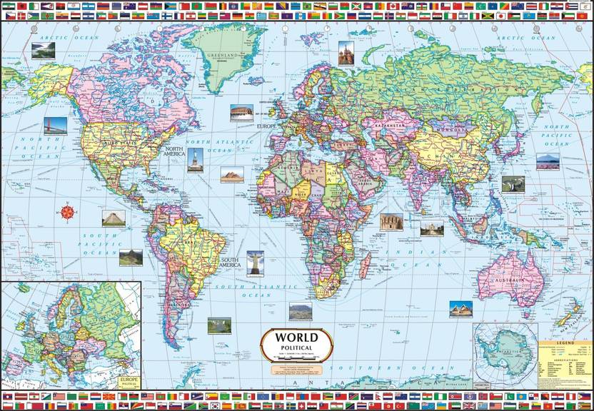 world map political wall chart paper print maps