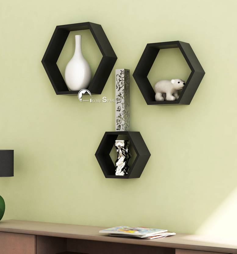 Home Sparkle Hexagonal Wooden Wall Shelf (Number of Shelves - 3, Black)