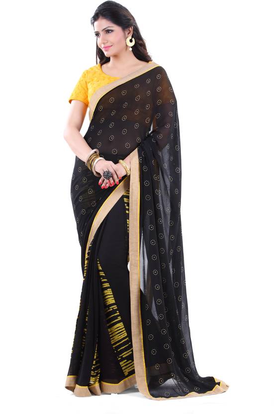 Buy Club Art Decor Embellished Fashion Georgette Black Yellow