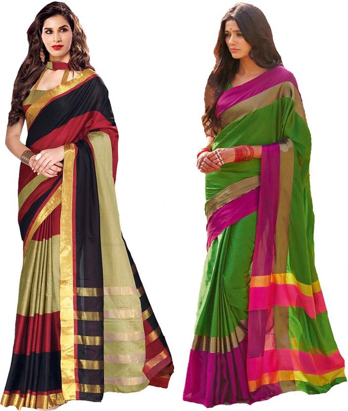 Buy Glory Sarees Striped Chanderi Silk Cotton Blend Multicolor Sarees