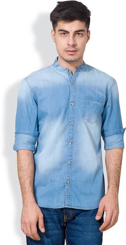 Highlander Men's Solid Casual Denim Blue Shirt