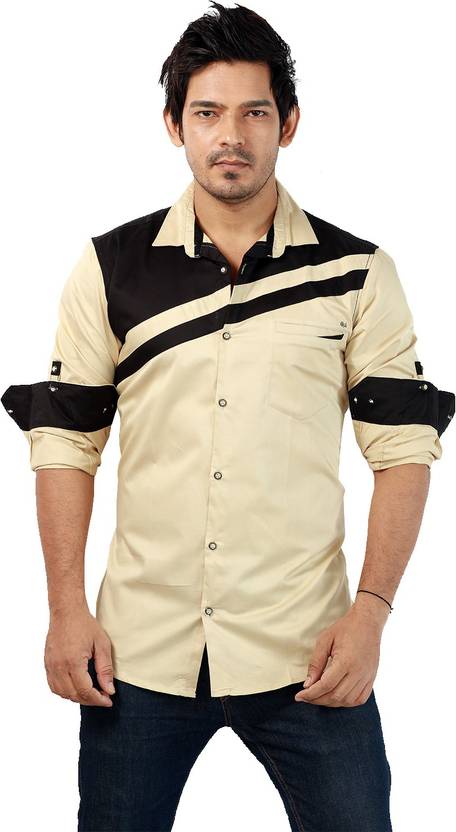 Rapphael Men's Printed Casual Beige, Black Shirt