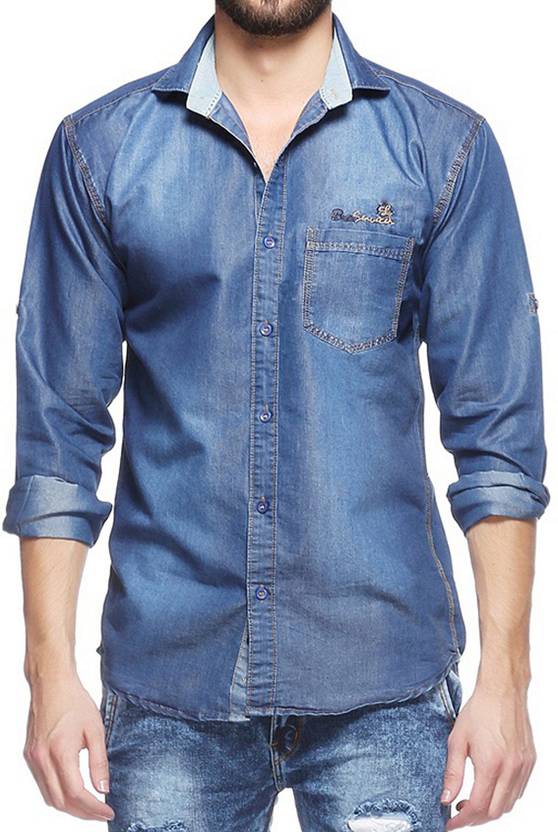 Lafantar Men's Solid Casual Denim Blue Shirt