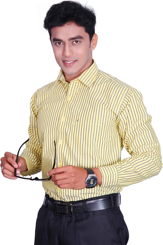 Cotton King Men Striped Formal Yellow 
