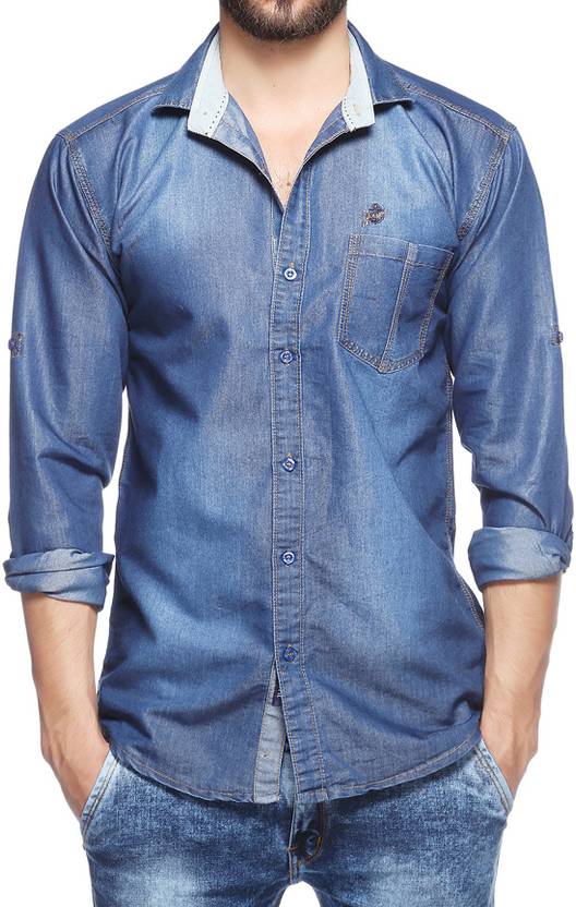 Lafantar Men's Solid Casual Denim Blue Shirt