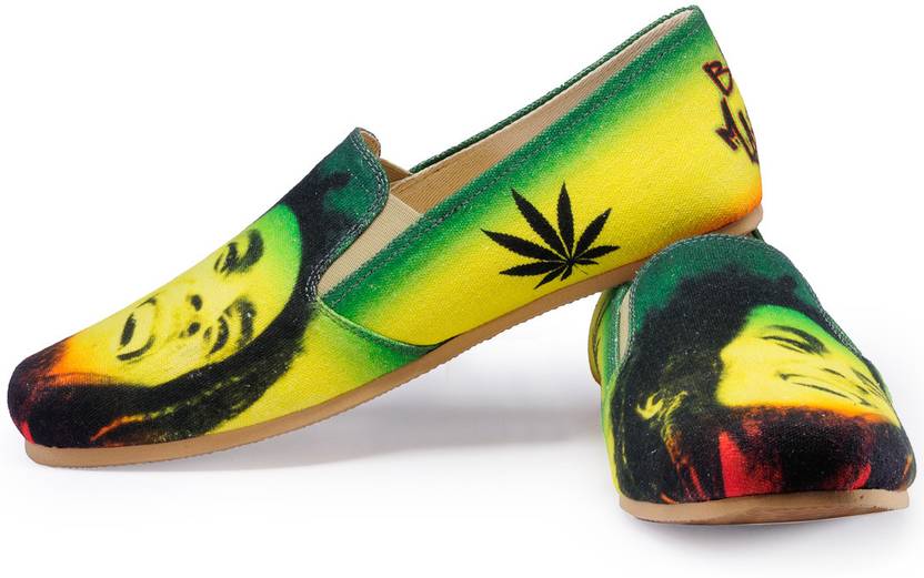 Funk Bob Marley Printed Loafers For Men Green And Yellow Color Funk Bob Marley Printed Loafers For Men