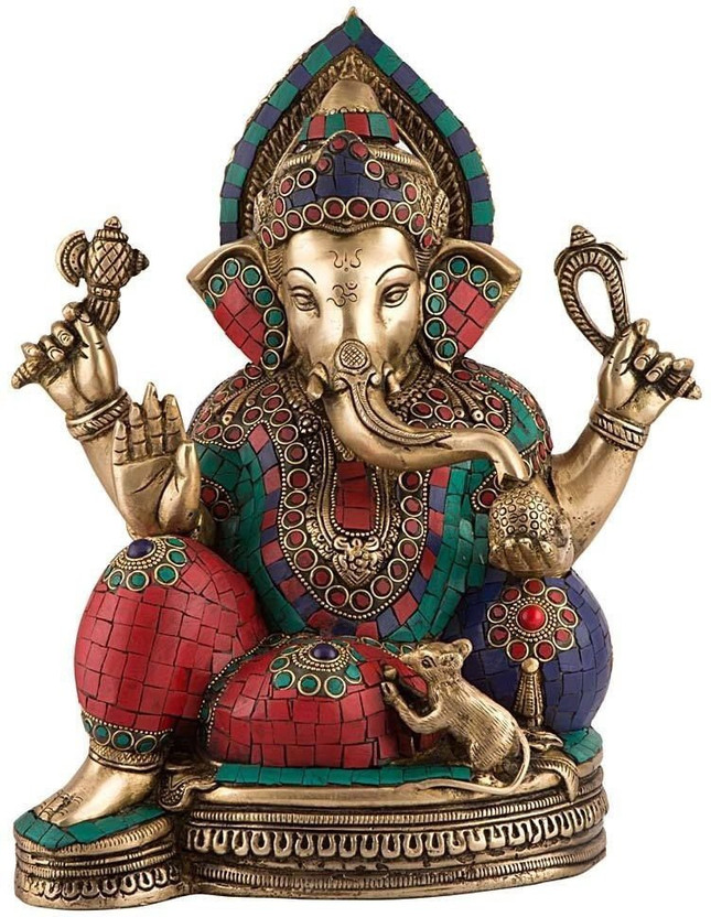 Collectible Collectible India 1 FT Tall Large Ganesha Statue sculpture with Inlay Hand Work Vakratunda,Vinayak, Lambodar, Ganpati, Gajanan Decorative Showpiece  -  33 cm(Brass, Gold, Red, Blue, Green) - Flipkart Deal