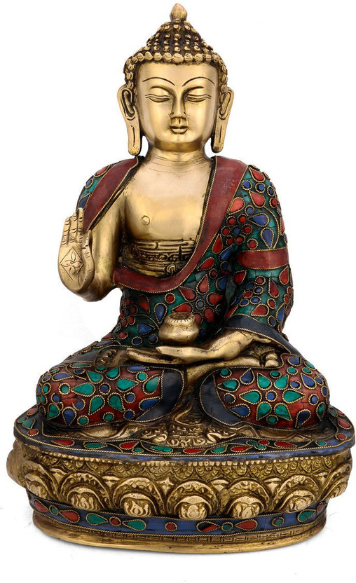 Collectible India Large Blessing Buddha Idol-Brass Turquoise Statue Floral Work Buddhism Home Decorative Decorative Showpiece  -  30 cm(Brass, Multicolor)