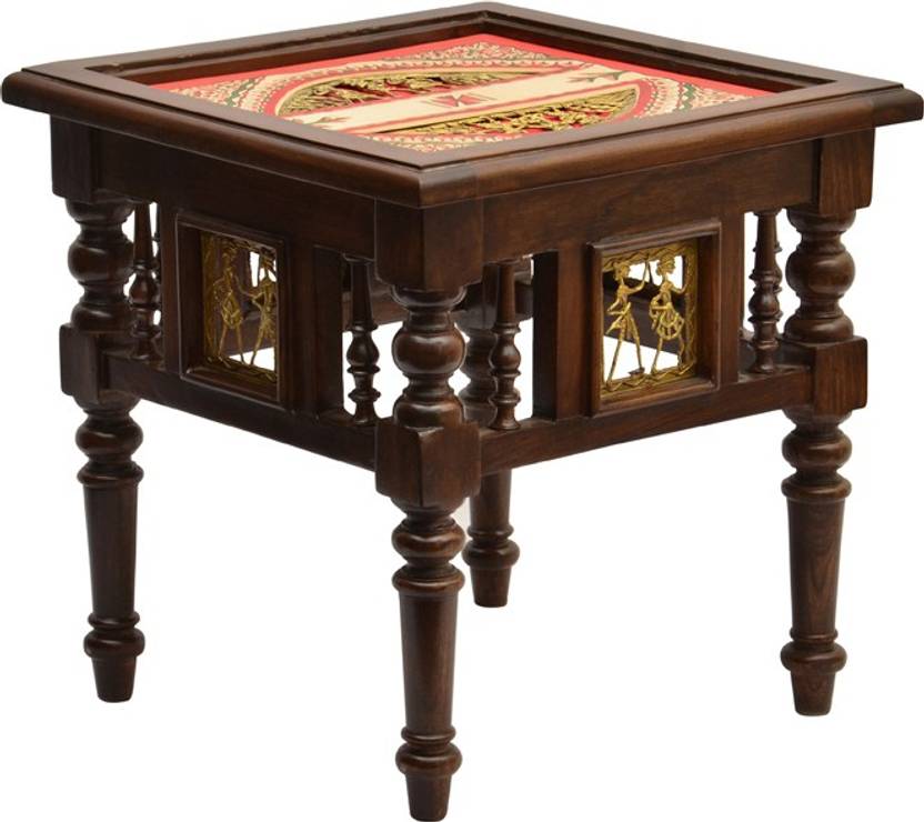 Exclusivelane Dhokra Warli Work Teak Wood Solid Bedside Table