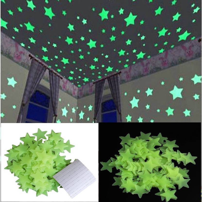 Stickonn Small Green Colour Fluorescent Glow In The Dark Star Wall Sticker