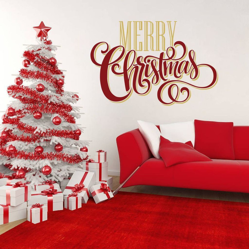 Decor Villa 86.36 cm Decor Villa best merry christmas Red Wall Sticker Size - (34 X 23) Inch Self Adhesive Sticker(Pack of 1)