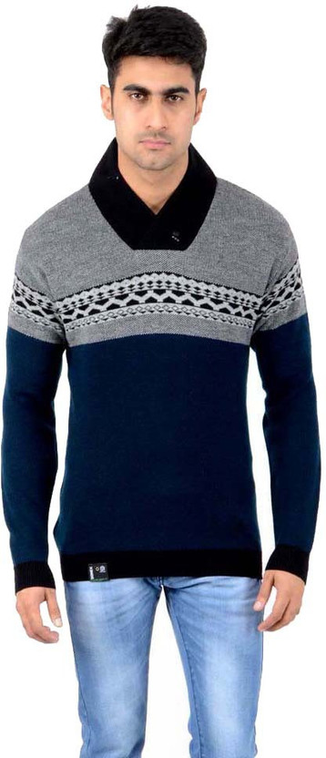 V-neck Casual Men Blue Sweater 
