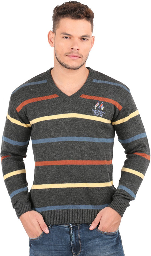 OXEMBERG Striped V-neck Casual Men Grey 