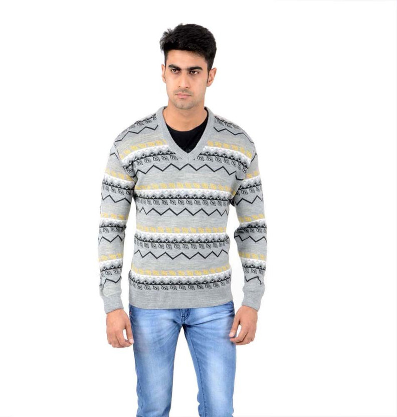 V-neck Casual Men Grey Sweater 