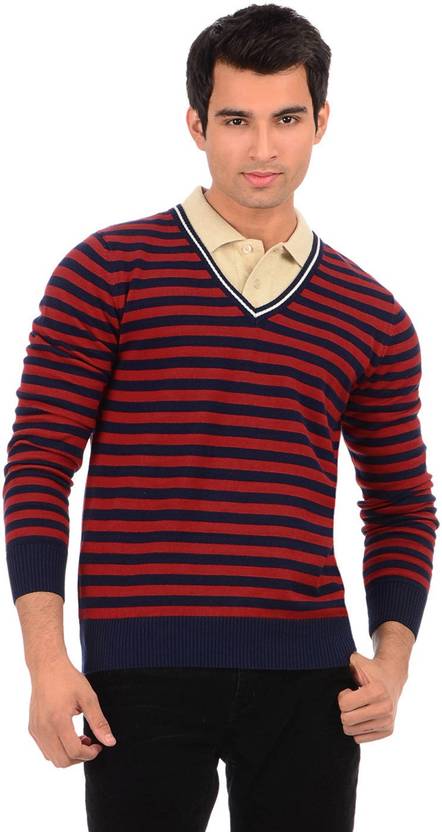 Sher Singh Striped V-neck Casual Men Dark Blue, Red Sweater