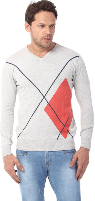 Club Fox Printed V-neck Casual Men Grey 