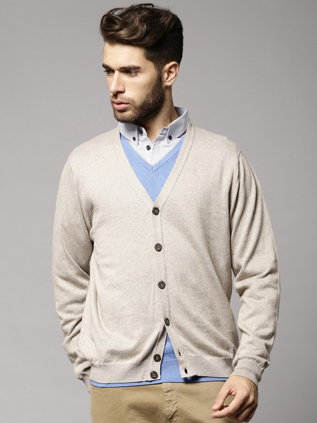 V-neck Casual Men Beige Sweater 
