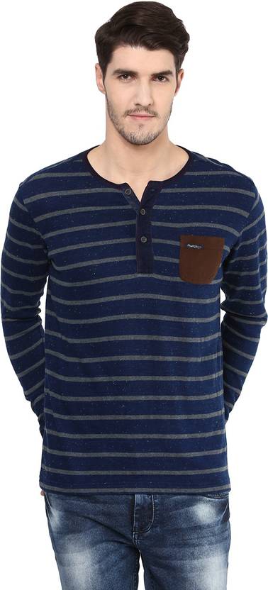 Mufti Striped Men's Henley Grey T-Shirt