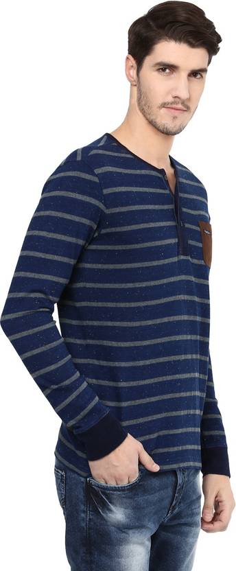 Mufti Striped Men's Henley Grey T-Shirt