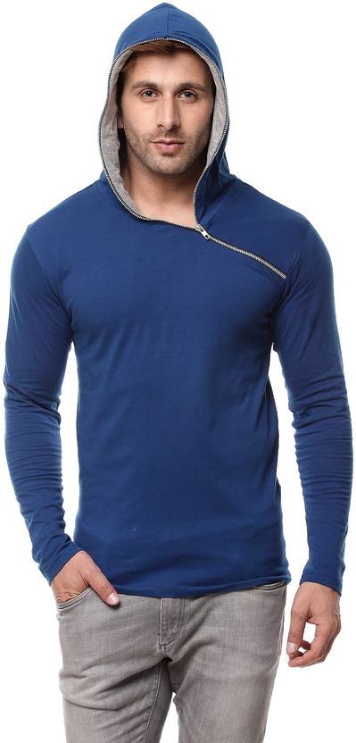 Gritstones Solid Men's Hooded Blue T-Shirt