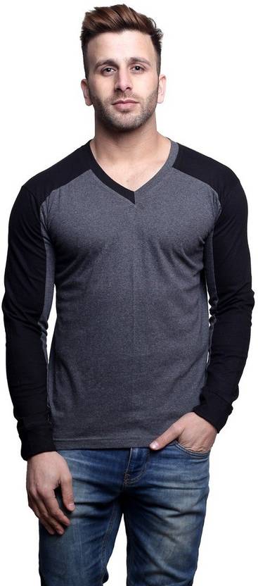Leana Solid Men's V-neck Grey, Black T-Shirt