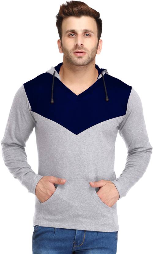 Leana Solid Men's Hooded Blue, Grey T-Shirt