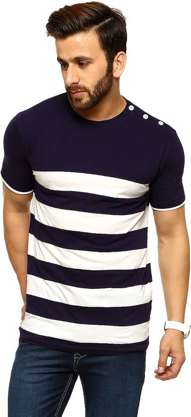 Gritstones Solid Men's Round Neck Blue, White T-Shirt