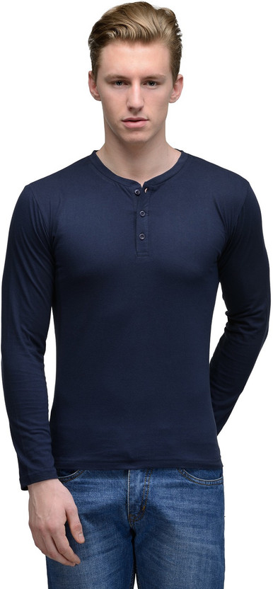 Solid Men Henley Neck Dark Blue T-Shirt