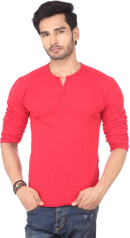 DXI Solid Men Henley Red T-Shirt - Buy 