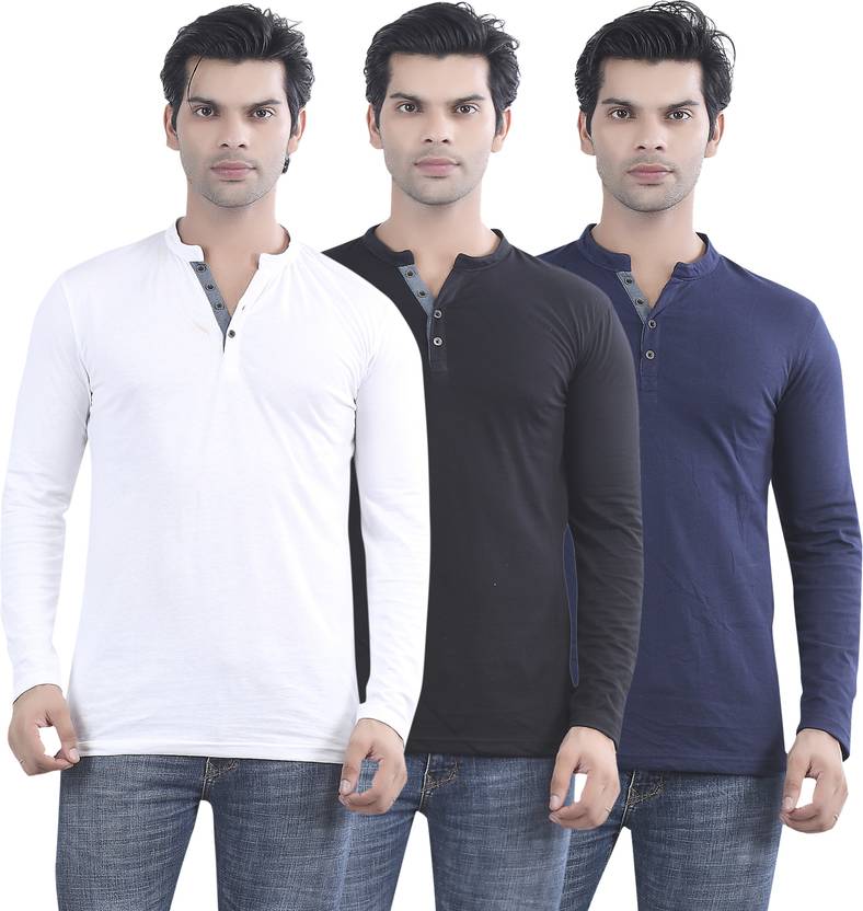 Maniac Solid Men's Henley White, Black, Dark Blue T-Shirt