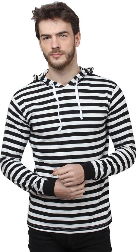 SayItLoud Striped Men's Hooded Black, White T-Shirt