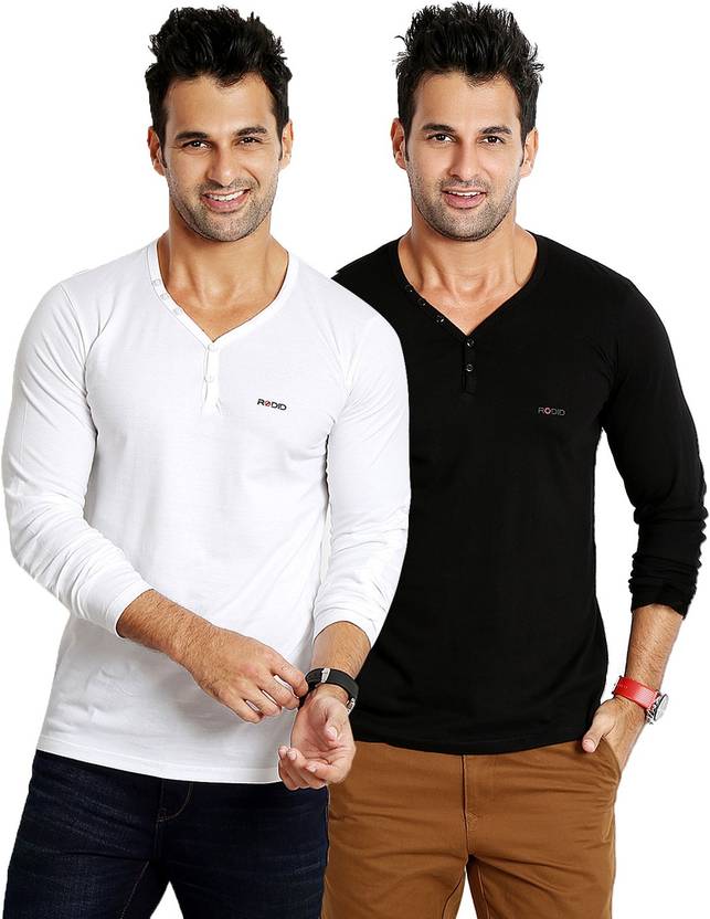 Rodid Solid Men's V-neck White, Black T-Shirt